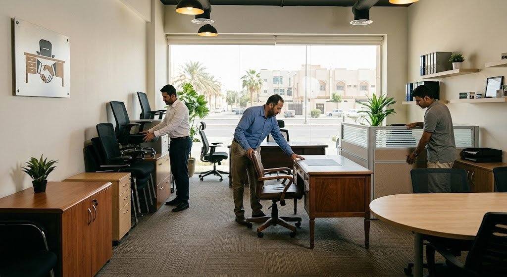 فريق عمل محترف يقوم بمعاينة وتقييم وشراء الأثاث المستعمل بمصداقية وأمان ضمن خدمات شراء الأثاث المستعمل الصديق بالكويت لضمان تقديم أفضل الأسعار وراحة العملاء.