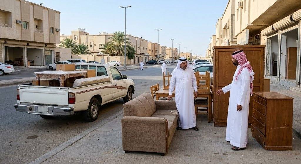 فريق عمل محترف يقوم بفحص وتحميل الأثاث المستعمل بدقة وأمان باستخدام سيارات النقل المجهزة ضمن خدمات شراء اثاث مستعمل العمرية بالكويت لضمان تقديم أفضل خدمة وراحة العملاء.
