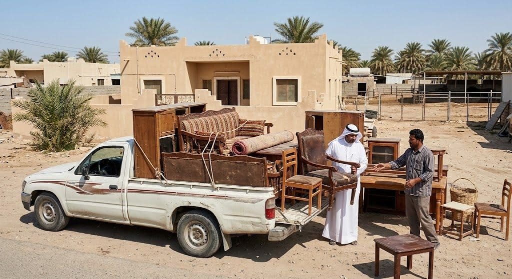 فريق عمل محترف يقوم بأعمال معاينة وتغليف ونقل الأثاث المستعمل بدقة وأمان باستخدام أحدث المعدات ضمن خدمات شراء الاثاث المستعمل الوفرة بالكويت لضمان المحافظة على سلامة المنقولات وراحة العملاء.