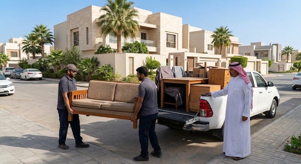 فريق عمل محترف يقوم بأعمال فحص وتسعير ونقل الأثاث المستعمل بدقة وأمان باستخدام أحدث معدات النقل ضمن خدمات شراء اثاث مستعمل غرناطه بالكويت لضمان تقديم تقييم عادل وخدمة موثوقة للعملاء.